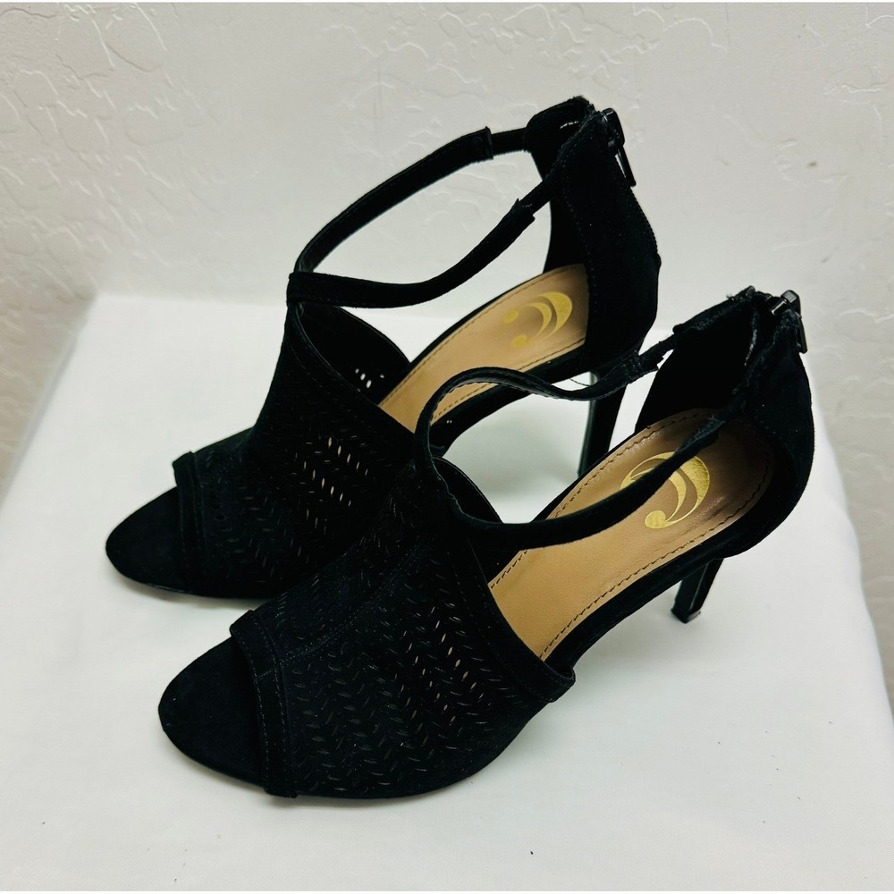 CR Black Suede Laser Cut Open Toe Stiletto‎ Heel Sandals Women's Size 8